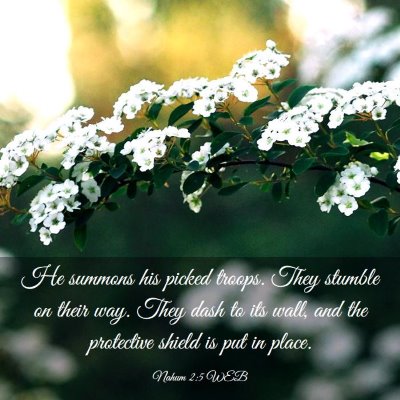 Picture 03 - Nahum 2:5 WEB - He summons his picked troops. They stumble on - Bible Verse Picture