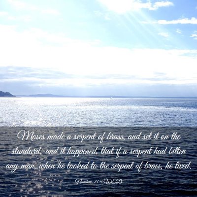 Picture 03 - Numbers 21:9 WEB - Moses made a serpent of brass, and set it on the - Bible Verse Picture