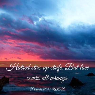 Picture 03 - Proverbs 10:12 WEB - Hatred stirs up strife, But love covers all - Bible Verse Picture