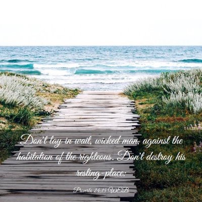 Picture 03 - Proverbs 24:15 WEB - Don't lay in wait, wicked man, against the - Bible Verse Picture