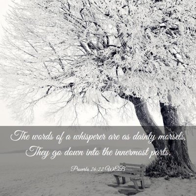 Picture 03 - Proverbs 26:22 WEB - The words of a whisperer are as dainty morsels, - Bible Verse Picture