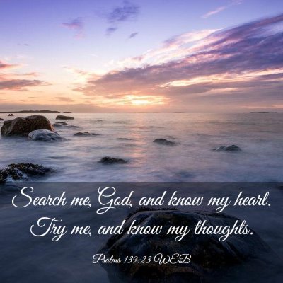 Picture 03 - Psalms 139:23 WEB - Search me, God, and know my heart. Try me, and - Bible Verse Picture