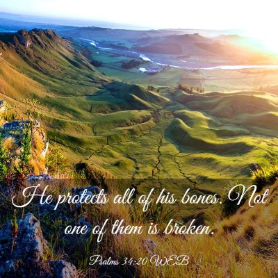 Picture 03 - Psalms 34:20 WEB - He protects all of his bones. Not one of them is - Bible Verse Picture