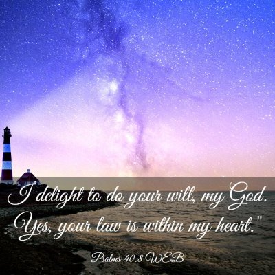 Picture 03 - Psalms 40:8 WEB - I delight to do your will, my God. Yes, your law - Bible Verse Picture