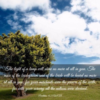 Picture 03 - Revelation 18:23 WEB - The light of a lamp will shine no more at all in - Bible Verse Picture