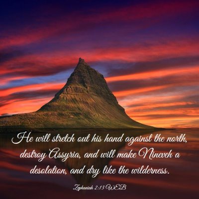 Picture 03 - Zephaniah 2:13 WEB - He will stretch out his hand against the north, - Bible Verse Picture