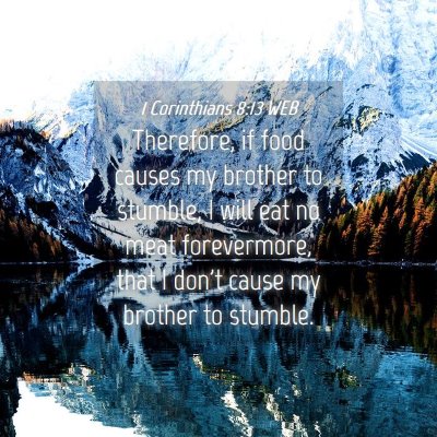 Picture 04 - 1 Corinthians 8:13 WEB - Therefore, if food causes my brother to stumble, - Bible Verse Picture