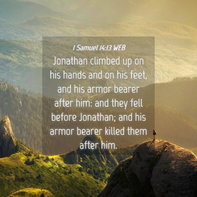 Picture 04 - 1 Samuel 14:13 WEB - Jonathan climbed up on his hands and on his feet, - Bible Verse Picture