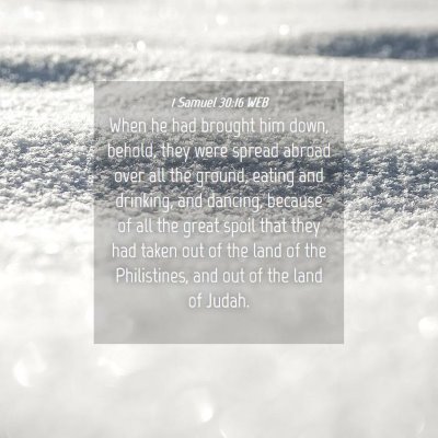 Picture 04 - 1 Samuel 30:16 WEB - When he had brought him down, behold, they were - Bible Verse Picture