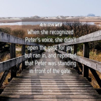 Picture 04 - Acts 12:14 WEB - When she recognized Peter's voice, she didn't - Bible Verse Picture