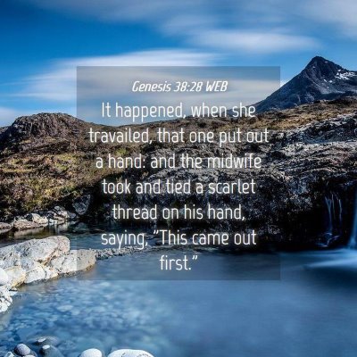 Picture 04 - Genesis 38:28 WEB - It happened, when she travailed, that one put out - Bible Verse Picture