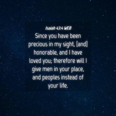 Picture 04 - Isaiah 43:4 WEB - Since you have been precious in my sight, [and] - Bible Verse Picture