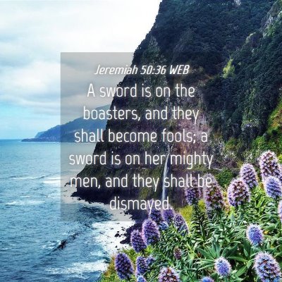 Picture 04 - Jeremiah 50:36 WEB - A sword is on the boasters, and they shall become - Bible Verse Picture