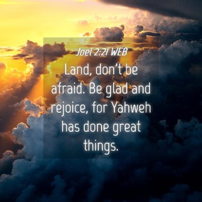 Picture 04 - Joel 2:21 WEB - Land, don't be afraid. Be glad and rejoice, for - Bible Verse Picture