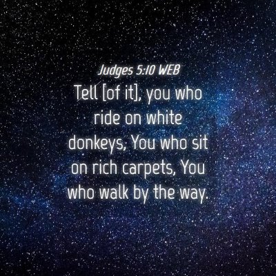 Picture 04 - Judges 5:10 WEB - Tell [of it], you who ride on white donkeys, You - Bible Verse Picture