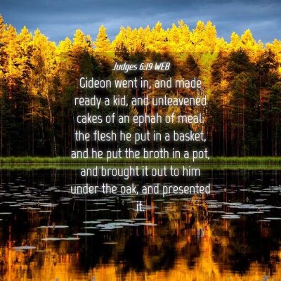 Picture 04 - Judges 6:19 WEB - Gideon went in, and made ready a kid, and - Bible Verse Picture