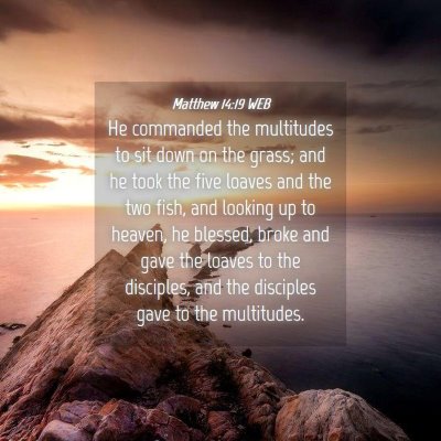 Picture 04 - Matthew 14:19 WEB - He commanded the multitudes to sit down on the - Bible Verse Picture