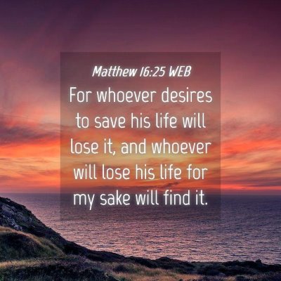 Picture 04 - Matthew 16:25 WEB - For whoever desires to save his life will lose - Bible Verse Picture