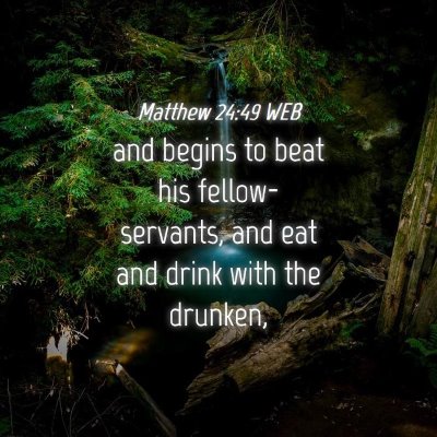 Picture 04 - Matthew 24:49 WEB - and begins to beat his fellow-servants, and eat - Bible Verse Picture