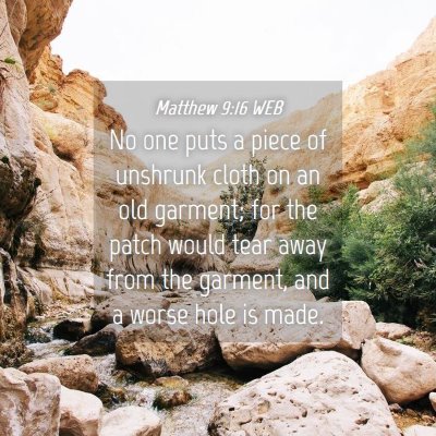 Picture 04 - Matthew 9:16 WEB - No one puts a piece of unshrunk cloth on an old - Bible Verse Picture