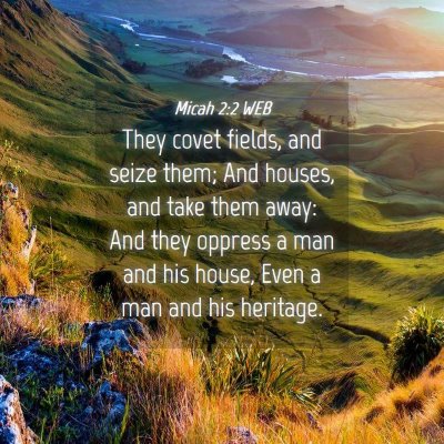 Picture 04 - Micah 2:2 WEB - They covet fields, and seize them; And houses, - Bible Verse Picture