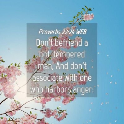 Picture 04 - Proverbs 22:24 WEB - Don't befriend a hot-tempered man, And don't - Bible Verse Picture