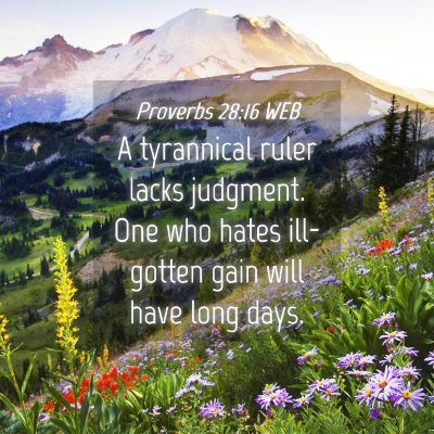 Picture 04 - Proverbs 28:16 WEB - A tyrannical ruler lacks judgment. One who hates - Bible Verse Picture