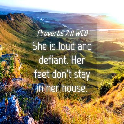 Picture 04 - Proverbs 7:11 WEB - She is loud and defiant. Her feet don't stay in - Bible Verse Picture