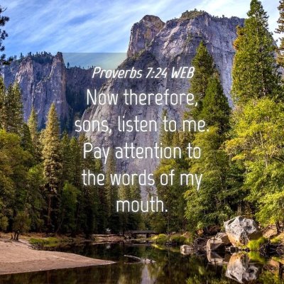 Picture 04 - Proverbs 7:24 WEB - Now therefore, sons, listen to me. Pay attention - Bible Verse Picture