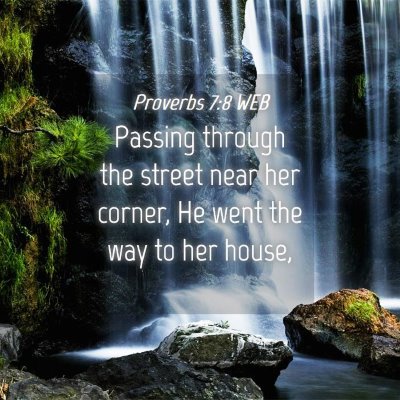 Picture 04 - Proverbs 7:8 WEB - Passing through the street near her corner, He - Bible Verse Picture
