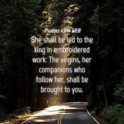 Picture 04 - Psalms 45:14 WEB - She shall be led to the king in embroidered work. - Bible Verse Picture