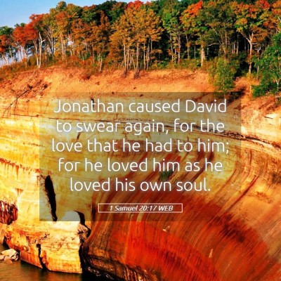 Picture 05 - 1 Samuel 20:17 WEB - Jonathan caused David to swear again, for the - Bible Verse Picture