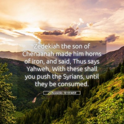 Picture 05 - 2 Chronicles 18:10 WEB - Zedekiah the son of Chenaanah made him horns of - Bible Verse Picture