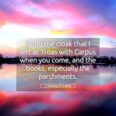 Picture 05 - 2 Timothy 4:13 WEB - Bring the cloak that I left at Troas with Carpus - Bible Verse Picture