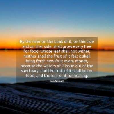 Picture 05 - Ezekiel 47:12 WEB - By the river on the bank of it, on this side and - Bible Verse Picture