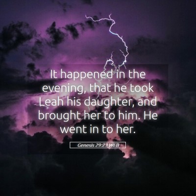 Picture 05 - Genesis 29:23 WEB - It happened in the evening, that he took Leah his - Bible Verse Picture