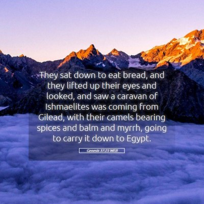 Picture 05 - Genesis 37:25 WEB - They sat down to eat bread, and they lifted up - Bible Verse Picture