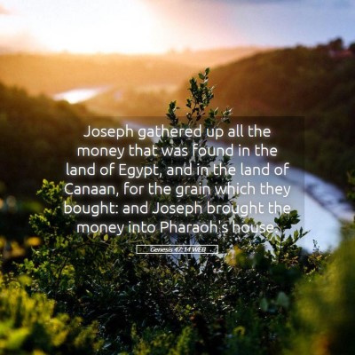 Picture 05 - Genesis 47:14 WEB - Joseph gathered up all the money that was found - Bible Verse Picture