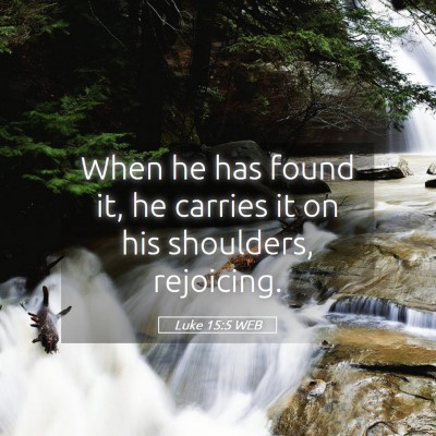 Picture 05 - Luke 15:5 WEB - When he has found it, he carries it on his - Bible Verse Picture