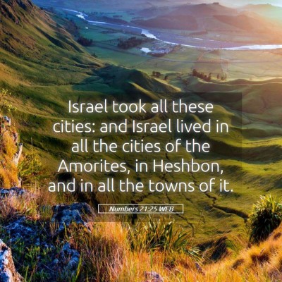 Picture 05 - Numbers 21:25 WEB - Israel took all these cities: and Israel lived in - Bible Verse Picture