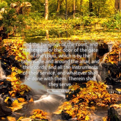 Picture 05 - Numbers 4:26 WEB - and the hangings of the court, and the screen for - Bible Verse Picture