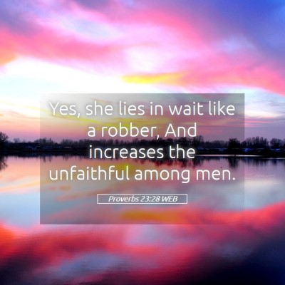 Picture 05 - Proverbs 23:28 WEB - Yes, she lies in wait like a robber, And - Bible Verse Picture