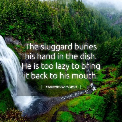 Picture 05 - Proverbs 26:15 WEB - The sluggard buries his hand in the dish. He is - Bible Verse Picture
