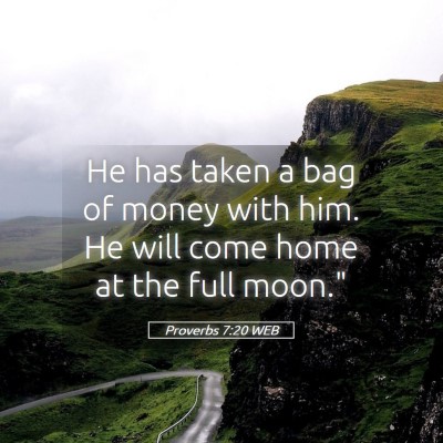Picture 05 - Proverbs 7:20 WEB - He has taken a bag of money with him. He will - Bible Verse Picture
