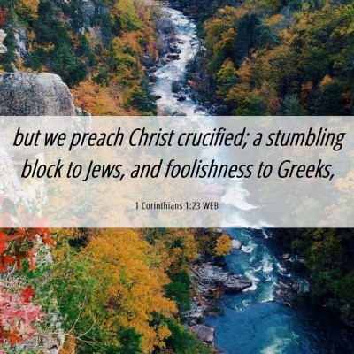 Picture 06 - 1 Corinthians 1:23 WEB - but we preach Christ crucified; a stumbling block - Bible Verse Picture