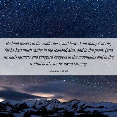 Picture 06 - 2 Chronicles 26:10 WEB - He built towers in the wilderness, and hewed out - Bible Verse Picture