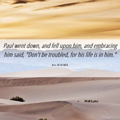 Picture 06 - Acts 20:10 WEB - Paul went down, and fell upon him, and embracing - Bible Verse Picture