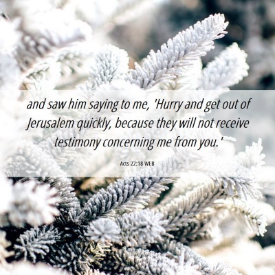 Picture 06 - Acts 22:18 WEB - and saw him saying to me, 'Hurry and get out of - Bible Verse Picture