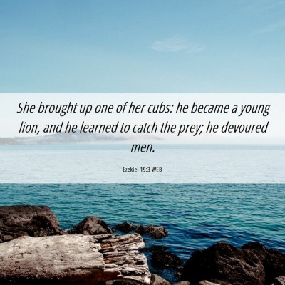 Picture 06 - Ezekiel 19:3 WEB - She brought up one of her cubs: he became a young - Bible Verse Picture