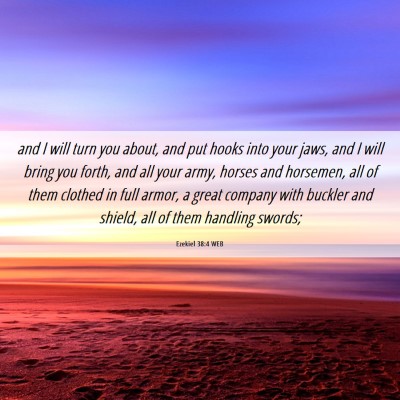Picture 06 - Ezekiel 38:4 WEB - and I will turn you about, and put hooks into - Bible Verse Picture